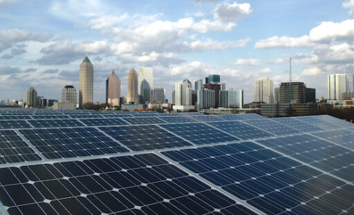 solar panels in the foreground of the Atlanta, Georgia skyline